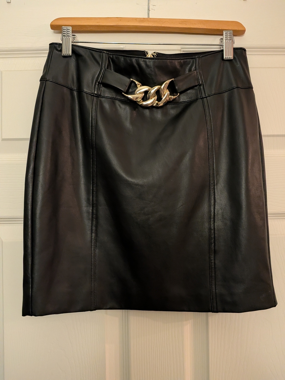GUESS Black Faux Leather Mini Skirt with Gold Chain Detail